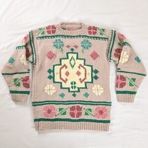 VTG Handmade Cream Pink Geometric Soft Chunky Knit Floral Cottage Clover Sweater
